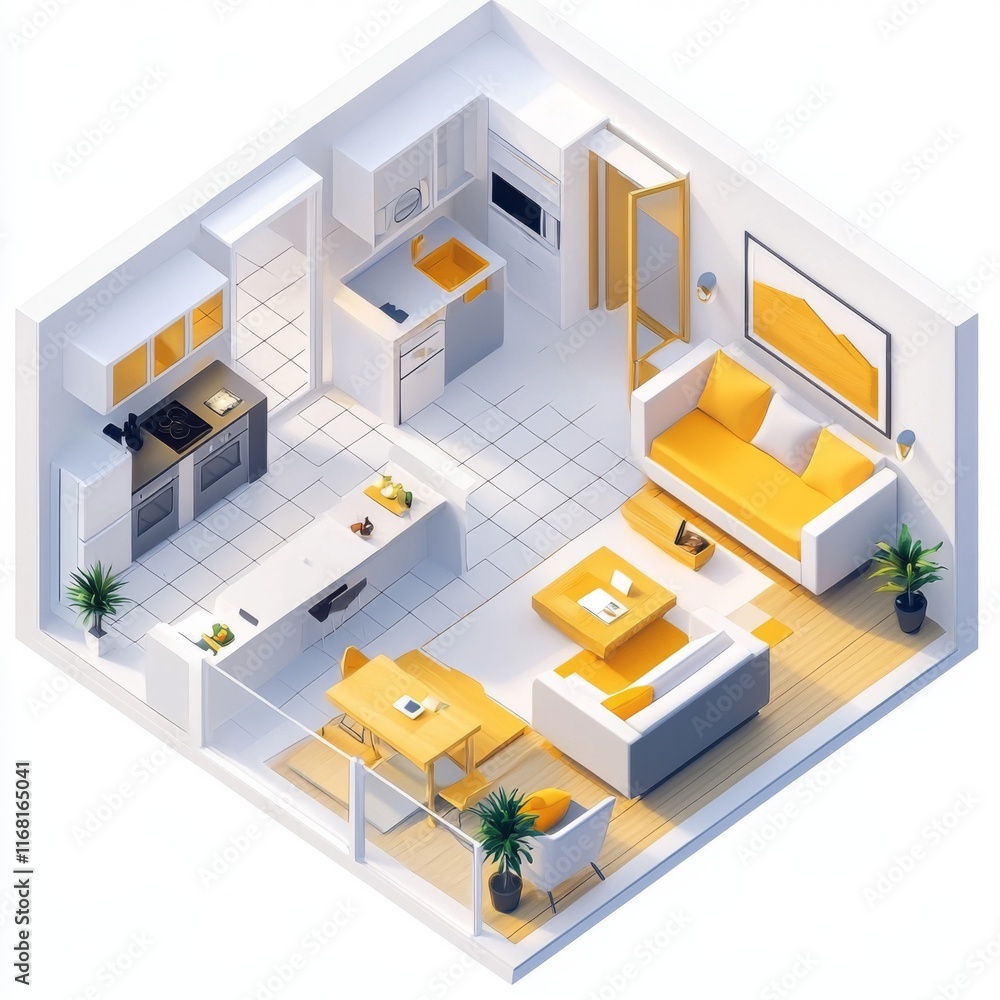 Modern minimalist interior design of a cozy living room and kitchen in bright colors featuring stylish furniture and decor