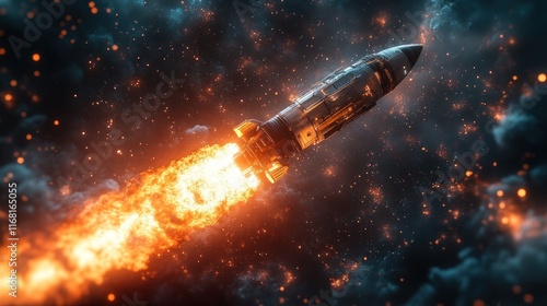 Rocket launching through space leaving trail of fiery exhaust