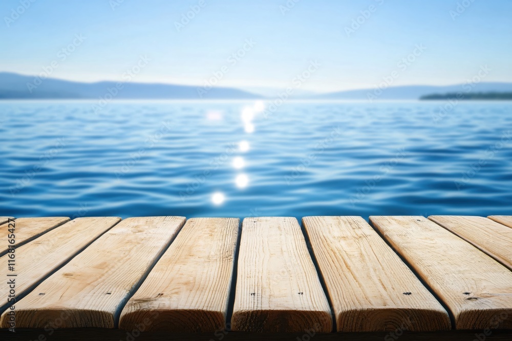 Serene Wooden Dock Overlooking Calm Blue Water with Bright Sun Reflections Serene Wooden Dock Overlooking Calm Blue Water with Bright Sun Reflections
