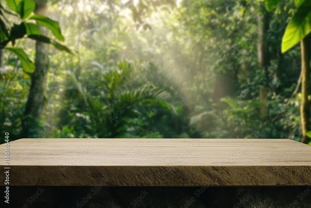 Natural Wooden Table in a Lush Green Jungle with Sunlight Streaming Through Trees Natural Wooden Table in a Lush Green Jungle with Sunlight Streaming Through Trees
