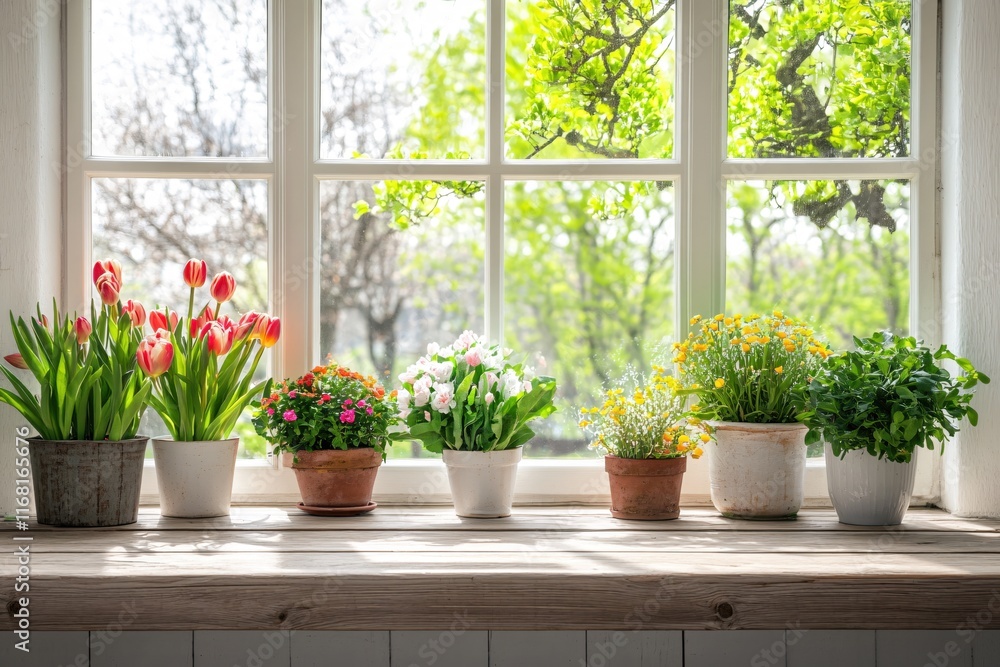 Colorful Flower Pots on Window Sill with Bright Natural Light and Lush Greenery Colorful Flower Pots on Window Sill with Bright Natural Light and Lush Greenery