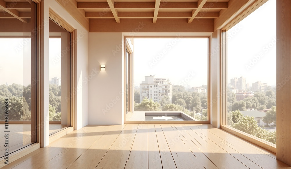 Fototapeta premium Minimalist interior with wooden flooring, large floor-to-ceiling windows, natural light, and a serene cityscape view featuring greenery and modern buildings.