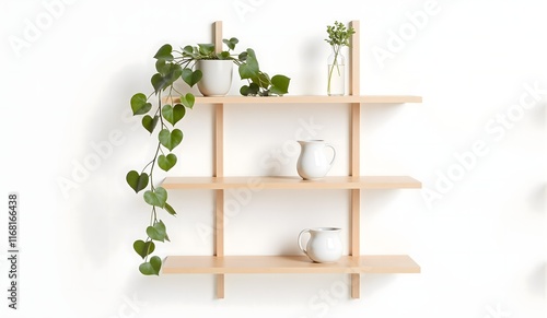 Three-tier wooden shelf featuring a cascading pothos plant, white ceramic pitchers, and a glass vase with greenery, creating a minimalist and natural decor against a white wall. photo