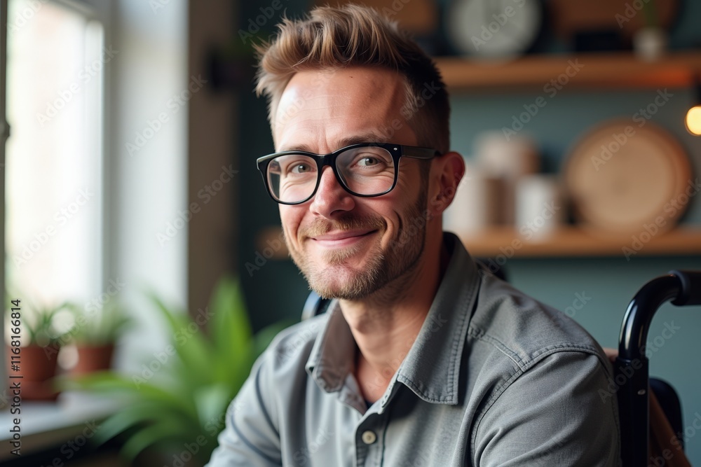 Happy Man in Wheelchair Smiling at Camera in Cozy Home Kitchen, Perfect for Inspirational and Inclusive Stock Photos Happy Man in Wheelchair Smiling at Camera in Cozy Home Kitchen, Perfect for Inspirational and Inclusive Stock Photos