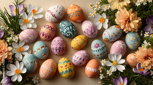 vibrant Easter table setup featuring colorful hand painted eggs surrounded by fresh spring flowers, creating festive and cheerful atmosphere