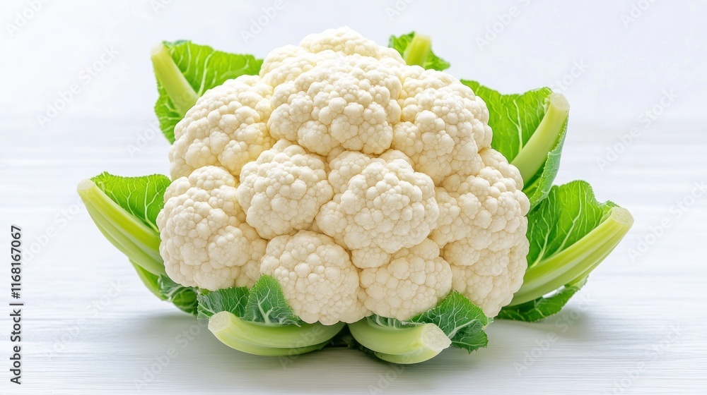 Fresh cauliflower with green leaves on a light background. Fresh cauliflower with green leaves on a light background.