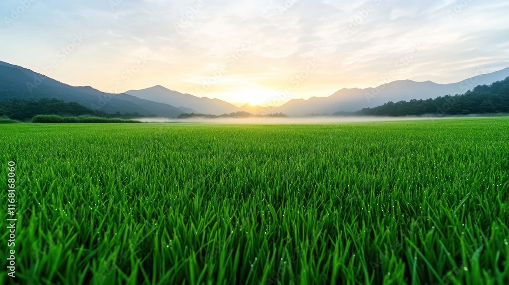 Fototapeta premium Serene landscape at sunrise over lush green rice fields.