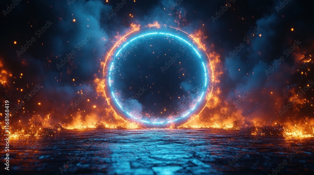 Futuristic Digital Portal Glowing Blue Circles Neon Light Abstract Background Futuristic Digital Portal Glowing Blue Circles Neon Light Abstract Background