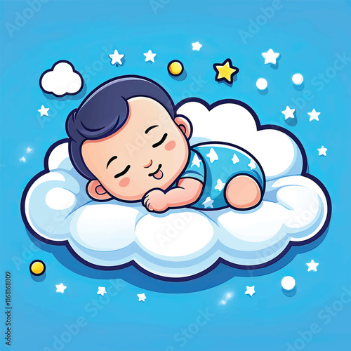 
Cute Baby Sleeping On Cloud Pillow Cartoon Icon Illustration.
