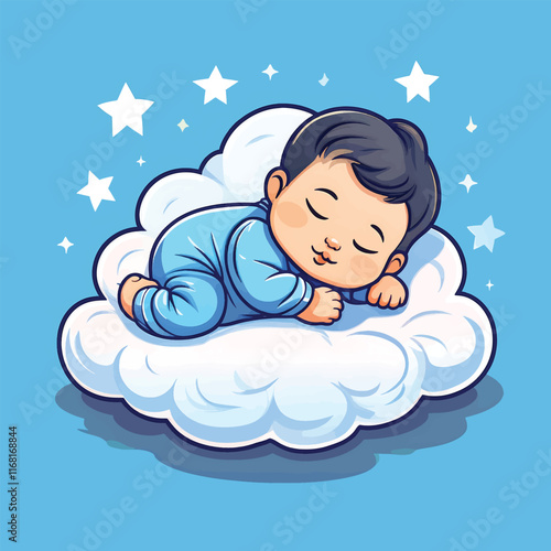 
Cute Baby Sleeping On Cloud Pillow Cartoon Icon Illustration.
