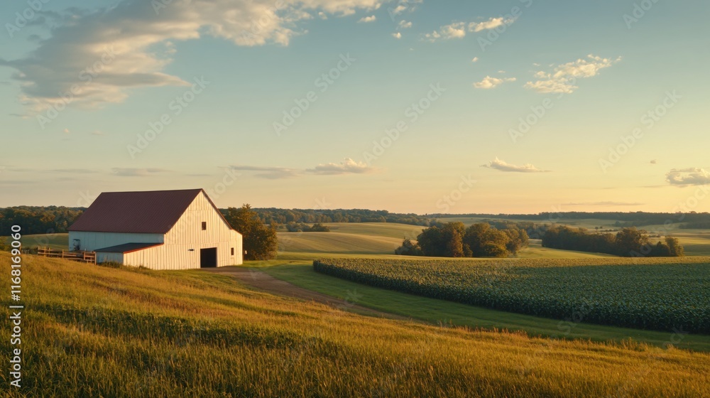 Serene Farm Landscape at Sunset with Rolling Fields and Barn in the Background Serene Farm Landscape at Sunset with Rolling Fields and Barn in the Background