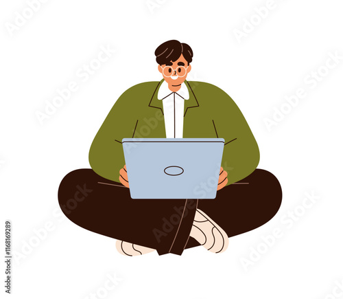 Online work at laptop computer. Freelance remote worker, business man with PC. Happy freelancer. Digital entrepreneur in virtual internet job. Flat vector illustration isolated on white background