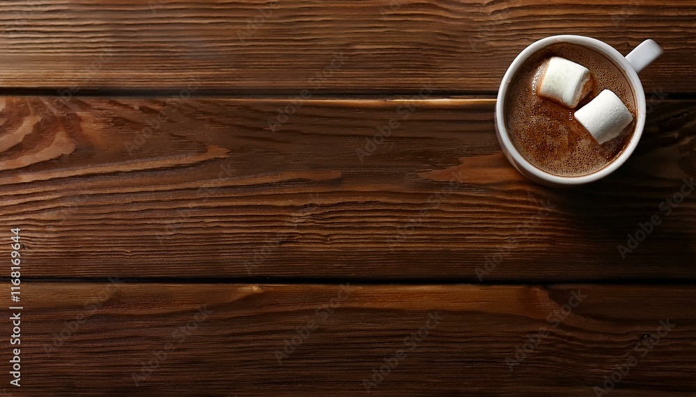 White mug filled with hot chocolate with two marshmallows on a wooden table White mug filled with hot chocolate with two marshmallows on a wooden table