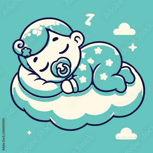 
Cute Baby Sleeping On Cloud Pillow Cartoon Icon Illustration.
