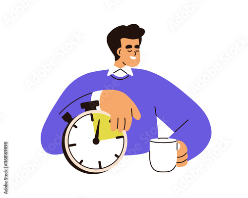 Relaxed man enjoying coffee break. Time management and work-life balance. Happy resting employee, office worker, organized planned relaxation. Flat vector illustration isolated on white background