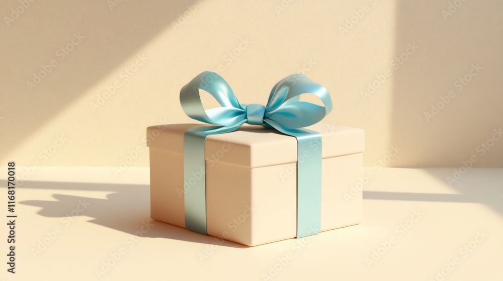 Obraz premium Beige gift box with light blue ribbon bow, sunlit.