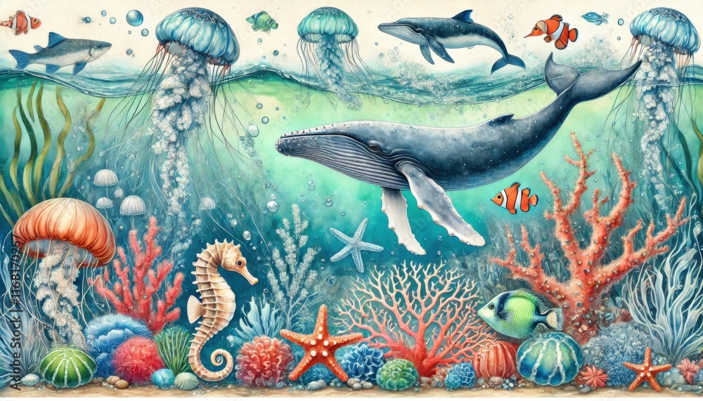 Obraz premium Colorful underwater illustration featuring a humpback whale, jellyfish, coral reefs, starfish, seahorses, and tropical fish in a marine ecosystem.