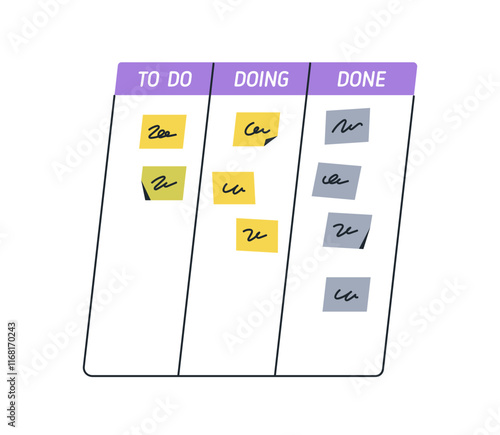 Task management, kanban board for planning and tracking work process. Doing, done, columns with notes for business project, workflow organization. Flat vector illustration isolated on white background