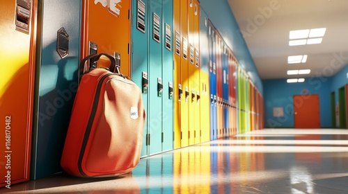 Colorful School Lockers and Backpack in Hallway 8K Realistic

 photo