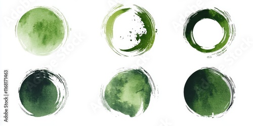 Six abstract green watercolor circles on white background. (2)
