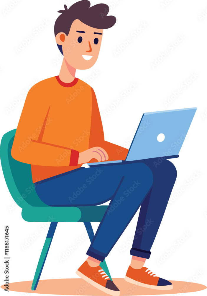 man working on his laptop, vector illustration man working on his laptop, vector illustration