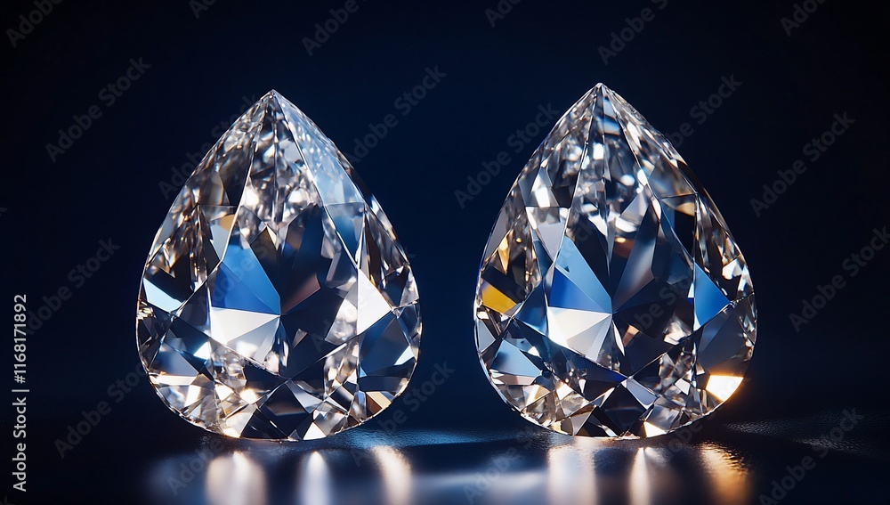 Two pear-shaped diamonds on dark background. Two pear-shaped diamonds on dark background.