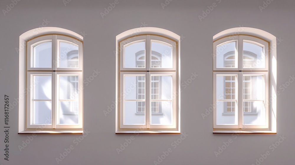 Three arched windows in a light-colored wall, sunlight streaming through. Three arched windows in a light-colored wall, sunlight streaming through.