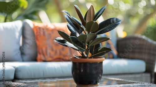 A medium-sized rubber plant (Karet Kebo) in a terracotta pot sits on a patio table, surrounded by outdoor furniture. Its dark green leaves reflect the afternoon sunlight, creating a calming atmosphere photo