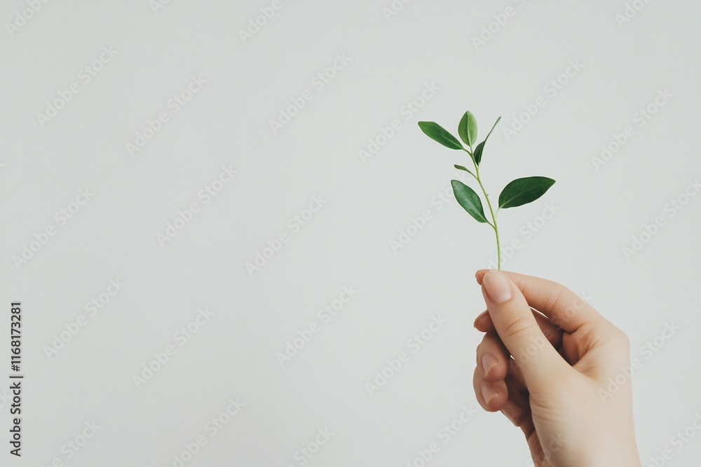 Woman's hand holding a small green plant sprig against a white background. Woman's hand holding a small green plant sprig against a white background.