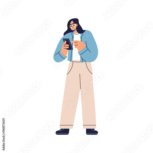 Woman using smartphone. Young female character, mobile phone user standing, holding gadget, digital device, surfing internet, looking at screen. Flat vector illustration isolated on white background
