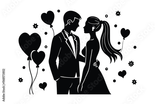 A black and white silhouette of a couple standing close together facing each other.eps