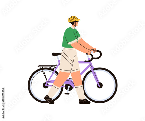 Cyclist walking with road bike. Active rider, tourist in helmet going with bicycle, holding handlebar. Cycle, eco-friendly transport travel. Flat vector illustration isolated on white background