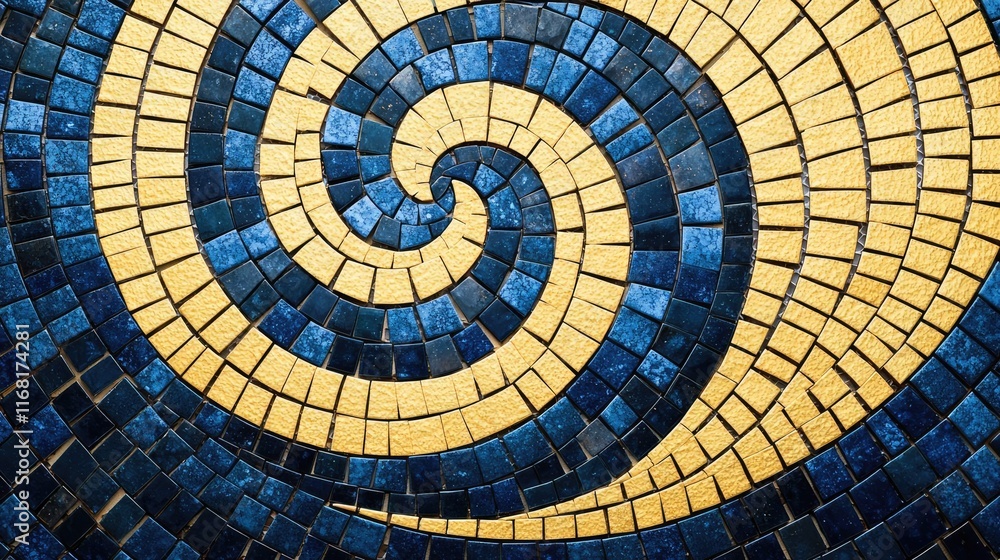 Naklejka premium Mosaic abstract background idea. A vibrant spiral mosaic design with blue and yellow tiles creating a stunning pattern.
