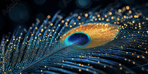 A vibrant illustration of peacock feathers in an extreme close-up, highlighting the vivid colors