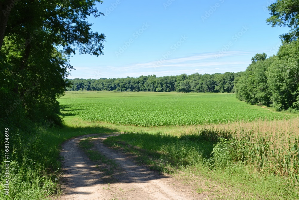 Scenic Dirt Path Leading to Lush Green Cornfield Under Clear Blue Sky Scenic Dirt Path Leading to Lush Green Cornfield Under Clear Blue Sky