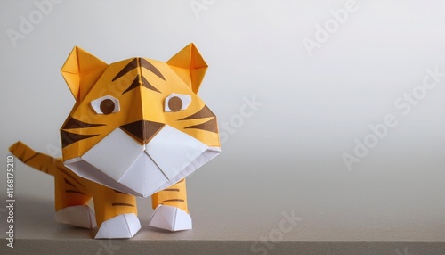 origami adorable royal Bengal tiger, kawaii, paper craft, cinematic, white background photo