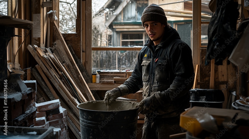 Young man mixing mortar in a construction workshop. Young man mixing mortar in a construction workshop.