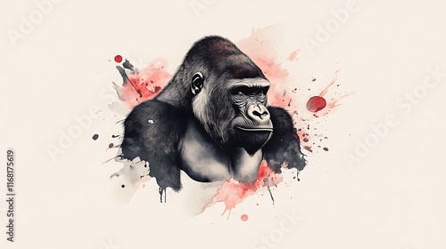 Powerful Gorilla Portrait: Watercolor Digital Painting on Off-White Background AI Generated photo