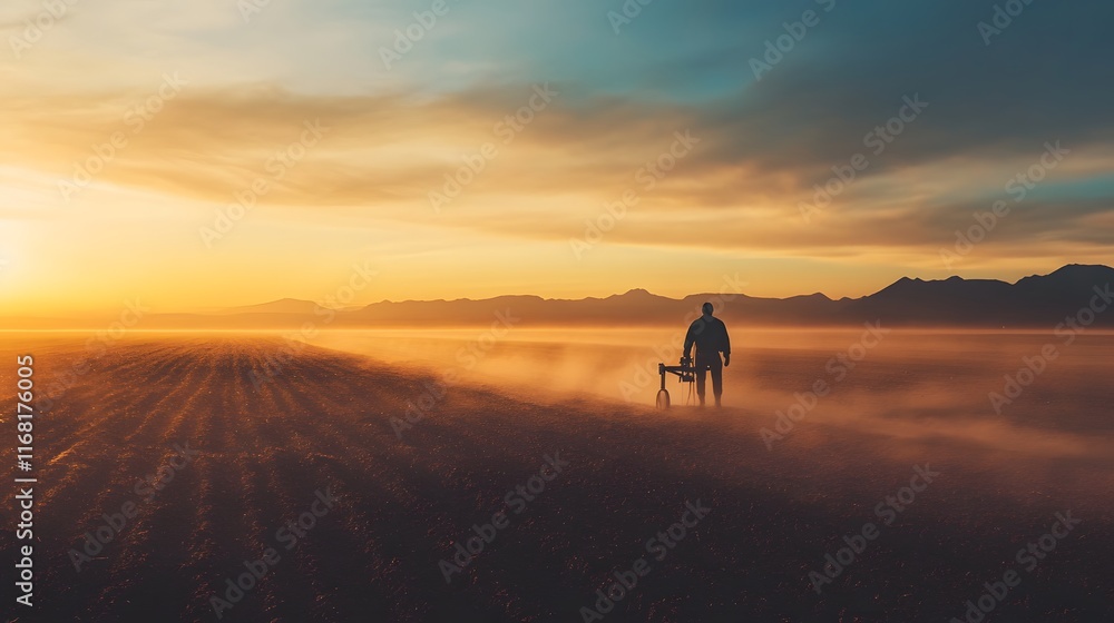Man with metal detector walks desert at sunset Man with metal detector walks desert at sunset