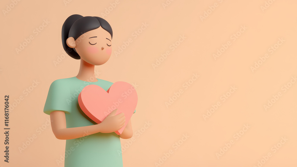 girl holding paper heart, expressing love and affection, 3D illustration girl holding paper heart, expressing love and affection, 3D illustration