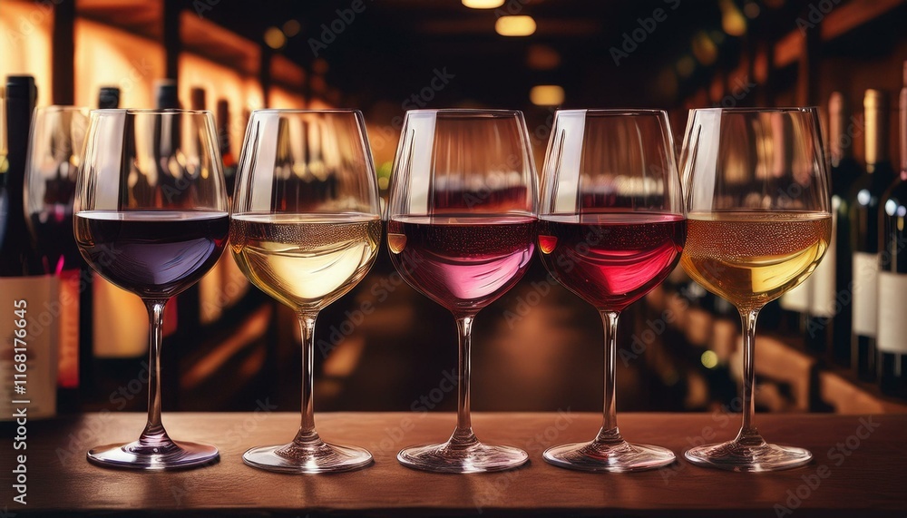 Serving glasses of wine in wine cellar. Glasses with different varieties of wine in a row. Glasses of wine Serving glasses of wine in wine cellar. Glasses with different varieties of wine in a row. Glasses of wine