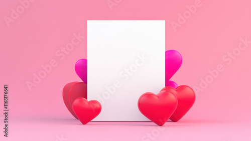 blank white frame surrounded by colorful hearts on pink background, 3D illustration