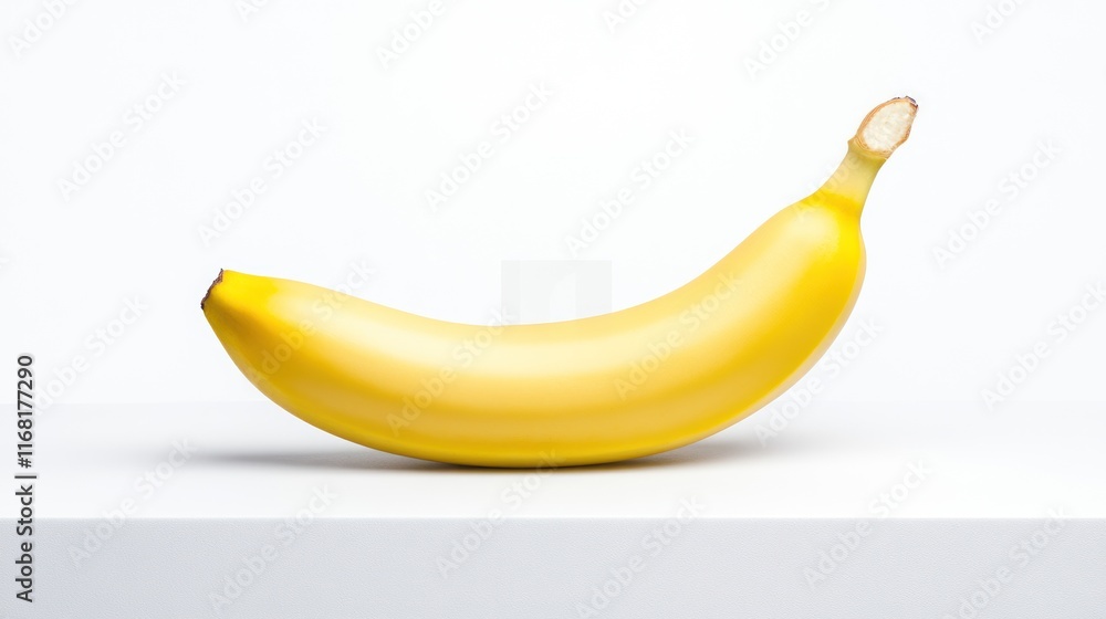 A single yellow banana displayed on a white surface. A single yellow banana displayed on a white surface.
