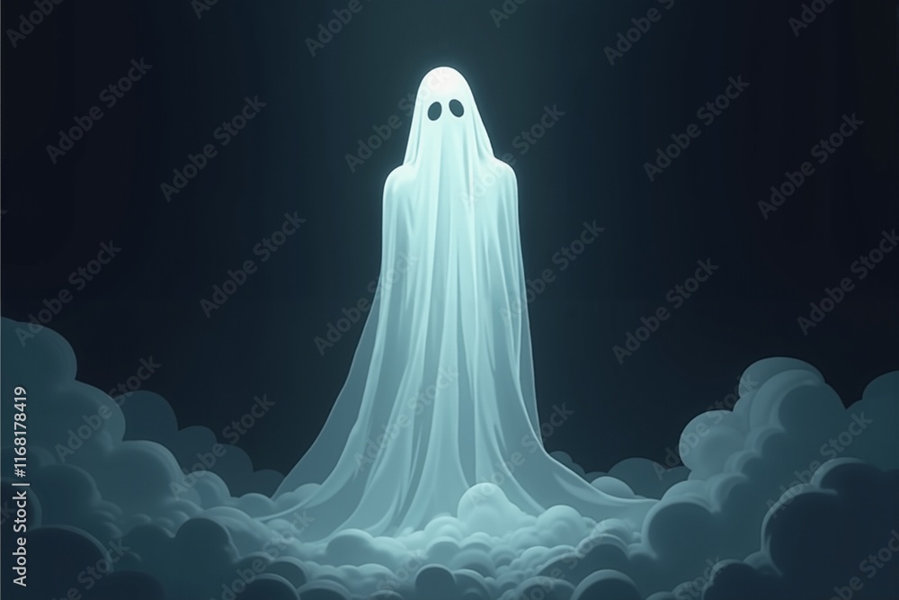 Eerie Ghostly Figure Amidst Dark Clouds: Perfect for Halloween Decorations, Spooky Themes, and Horror Designs.