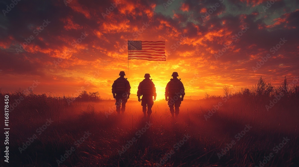 Fototapeta premium Silhouetted soldiers against vibrant sunset with American flag