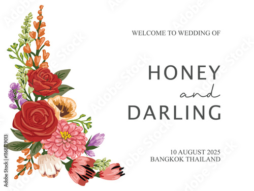 Floral wedding welcome sign template. Wedding welcome sign with flower. border, invitation. Botanical background vector illustration