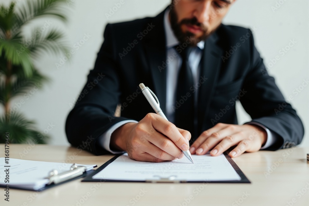 Professional Businessman in Black Suit Signing Document at Desk, Perfect for Corporate Marketing, Business Presentations, and Office Decor. Professional Businessman in Black Suit Signing Document at Desk, Perfect for Corporate Marketing, Business Presentations, and Office Decor.