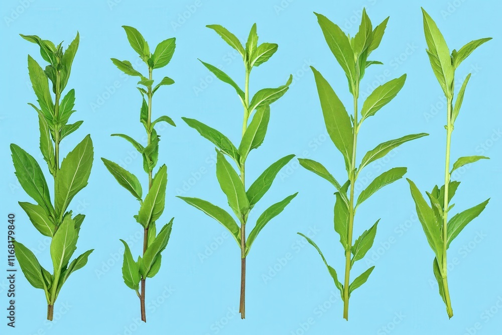 Obraz premium Fresh Green Herb Stems with Vibrant Leaves on Blue Background for Culinary Use
