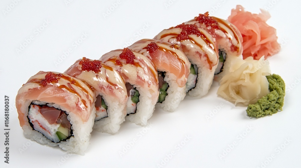 Delicious sushi roll topped with salmon, sauce, and tobiko. Served with pickled ginger and wasabi. Delicious sushi roll topped with salmon, sauce, and tobiko. Served with pickled ginger and wasabi.