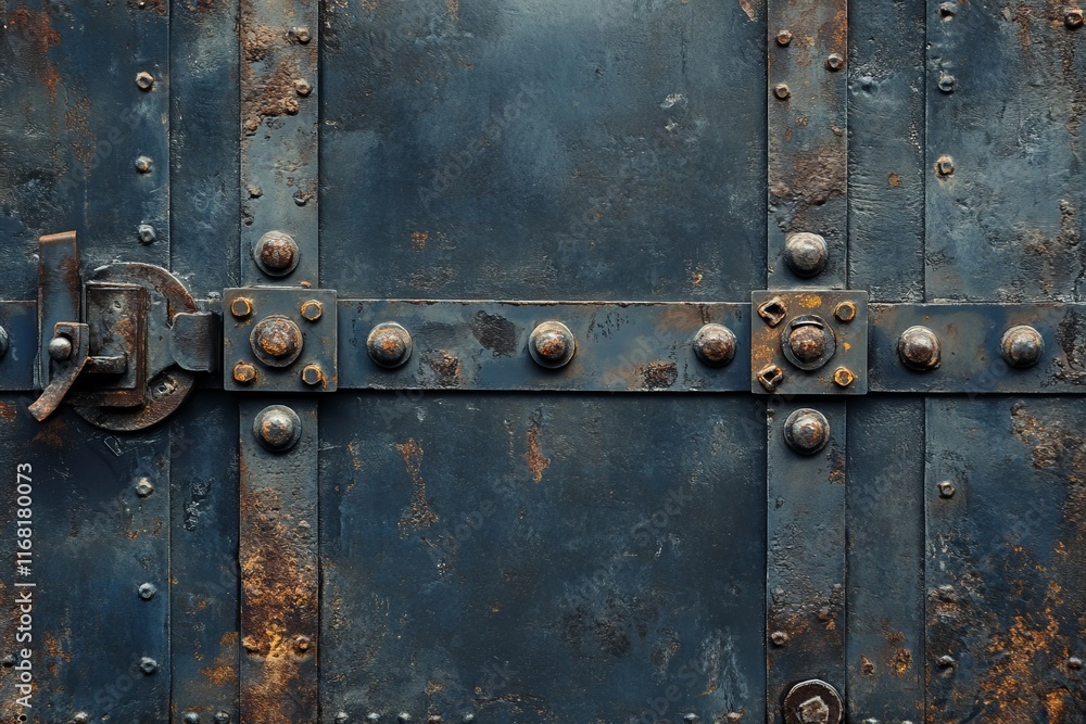 Fototapeta premium Rustic blue metal door with rivets and latch.
